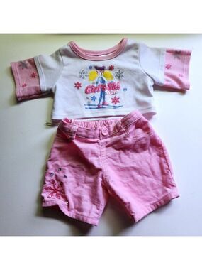 Build a Bear Girls Ski Team Winter Outfit Top and Shorts White Pink Snowflake